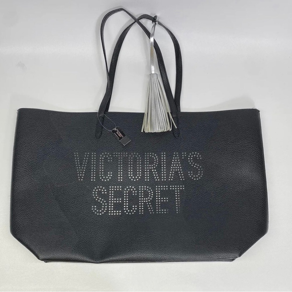 Victoria's Secret Faux Leather Travel Weekender Tote Bag w/ Tassel  Black  NWT.